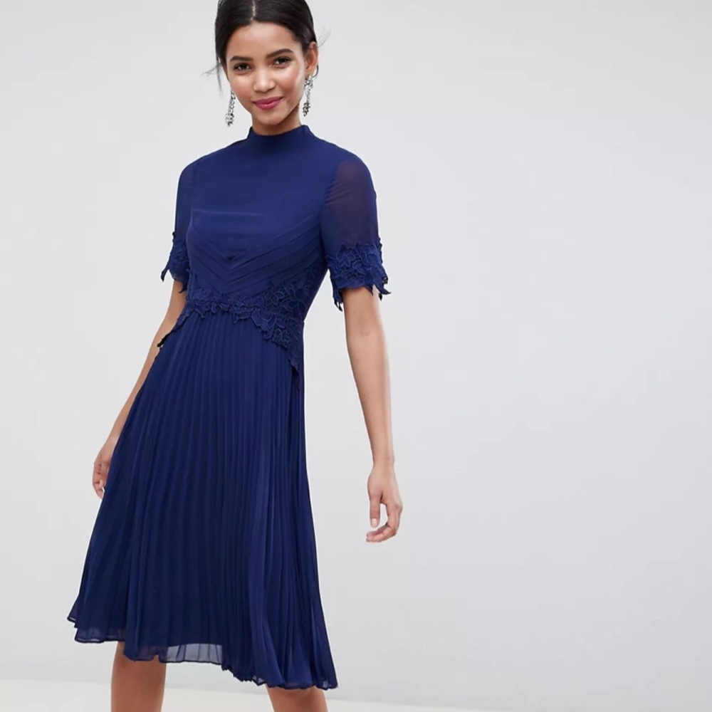 NWT ASOS Navy Pleated Midi Dress
